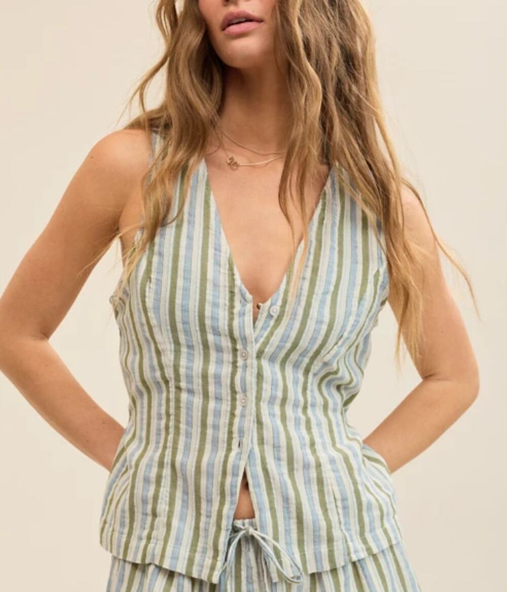 Aerie Day-Off Striped Button-Front Vest Top Olive Green & Blue Sz MED